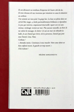 Hélène Sanguinetti, Domaine des englués, suivi de Six réponses à Jean-Baptiste Para, éditions de La Lettre volée, 2017. Sanguinetti quatrieme de couv