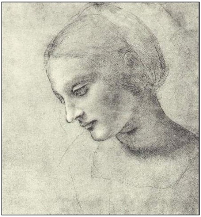 Portrait de femme : dessin de Leonard de Vinci. Il dessina sur papier, avec tant d’application et si bien, qu’il n’y a personne qui ait jamais trouvé à ajouter à ces finesses : en ce genre j’ai une tête en clair obscur faite à la pointe d’argent qui est divine Leonardo