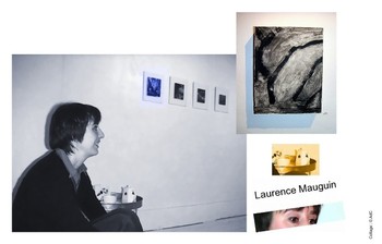 Laurence Mauguin dans sa galerie-maison d'édition. Photographiée par Angèle Paoli. Collage : G.AdC Laurence_mauguin_dans_sa_gallerie_maison